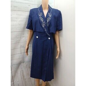 Vtg Lindsey Scott Navyblue White Double Breasted Dress Sz 12P